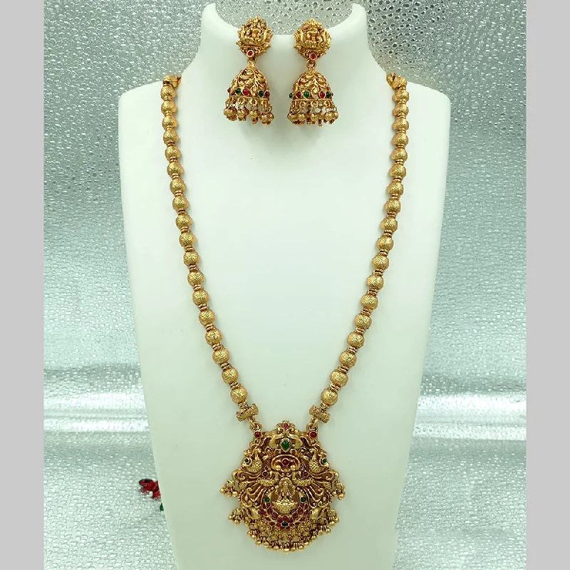 Joyful Jewel Art Matte Gold Plated Pota Stone Temple Long Necklace Set