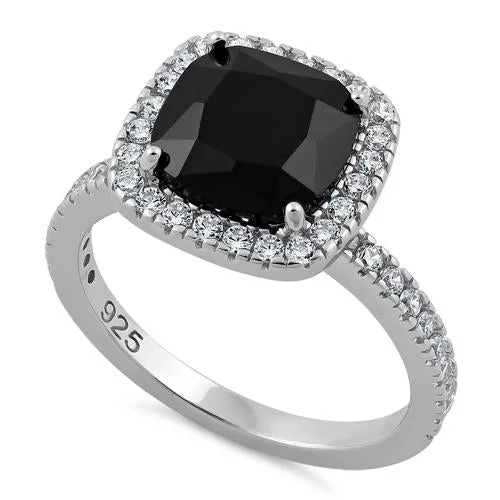 Sterling Silver Cushion Cut Black CZ Ring