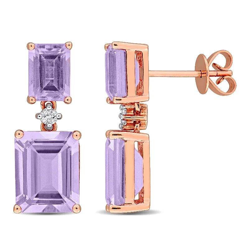 Miadora 8ct TGW Octagon-Cut Rose de France and 1/10ct TW Diamond Drop Earrings in 10k Rose Gold