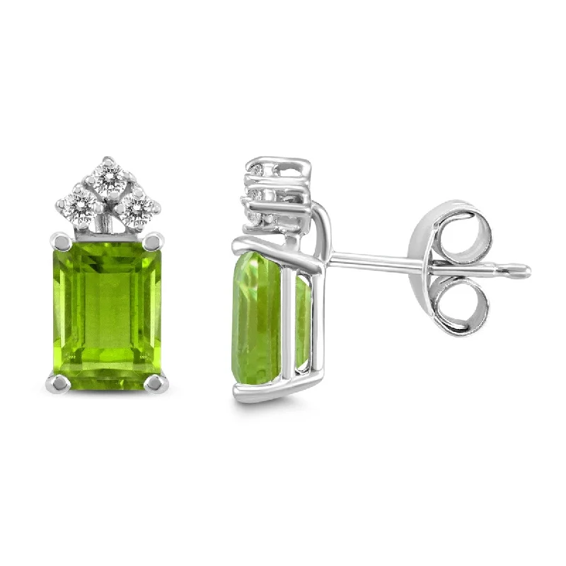 Marquee 14K White Gold 7x5MM Emerald Shaped Peridot and Diamond Earrings