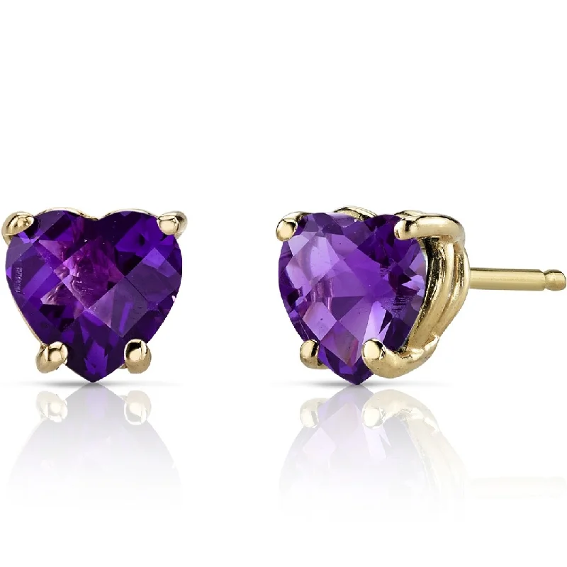 14k Yellow Gold Amethyst Stud Earrings 1.45 ct Heart Shape