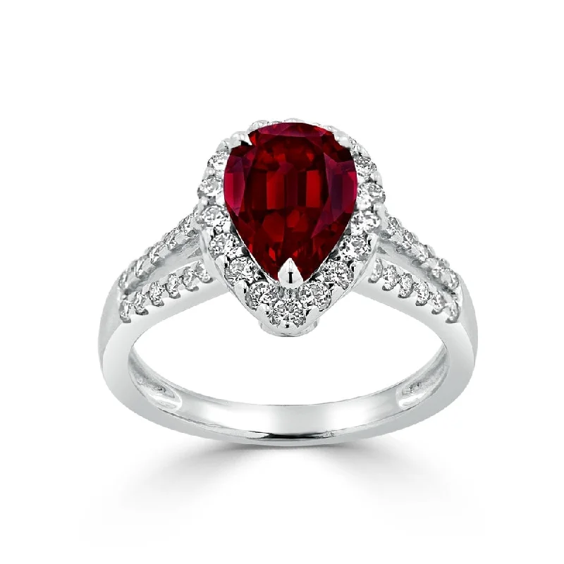 Auriya 2 1/5ct Pear Shape Red Ruby and Halo Diamond Ring 1/2ctw 18K Gold