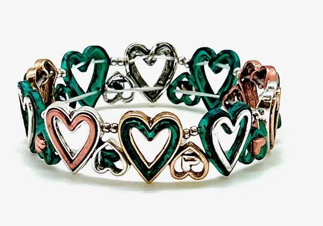 Large and Small Heart Stretch Patina Bracelet