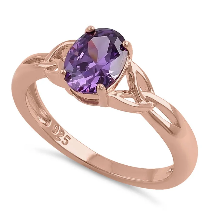 Sterling Silver Rose Gold Plated Charmed Oval Amethyst CZ Ring