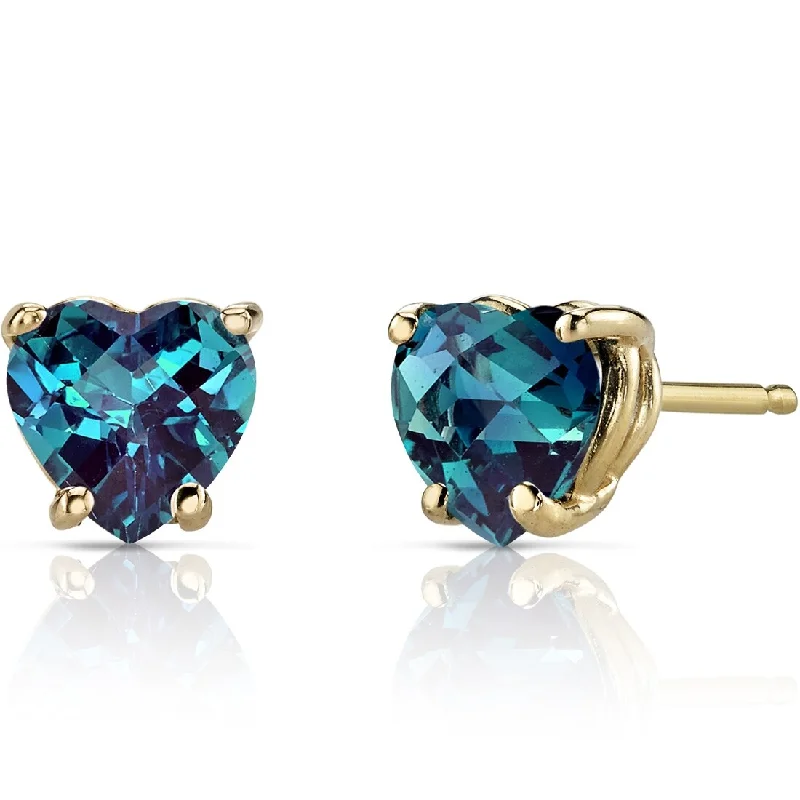 14k Yellow Gold Alexandrite Stud Earrings 2 ct Heart Shape