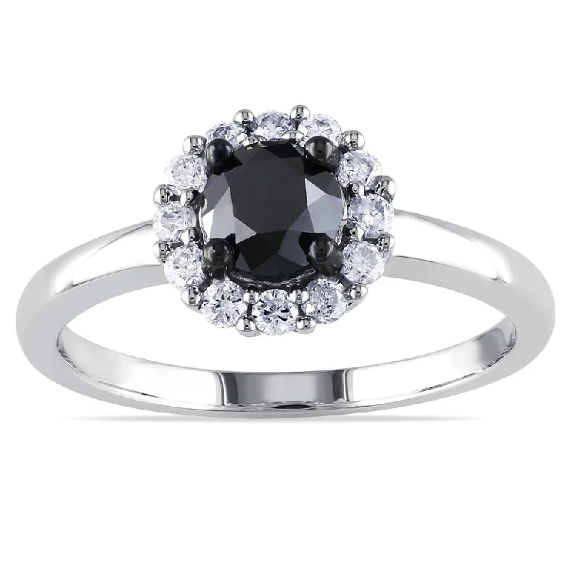 Miadora 10k White Gold 1ct TDW Black and White Halo Diamond Ring