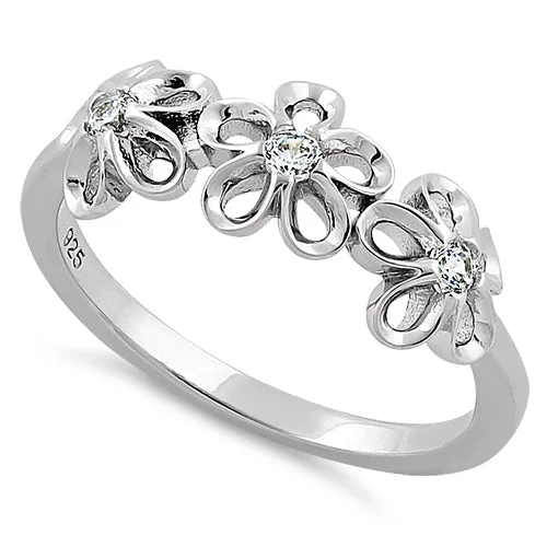 Sterling Silver Triple Plumeria CZ ring