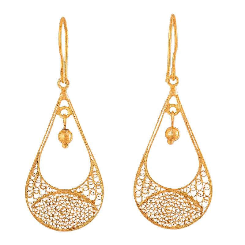 Novica Handmade Teardrop Gold Plated Filigree Dangle Earrings