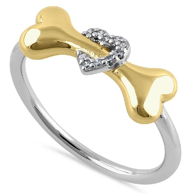 Sterling Silver Gold Plated Dog Bone & Heart Round Cut Clear CZ Ring