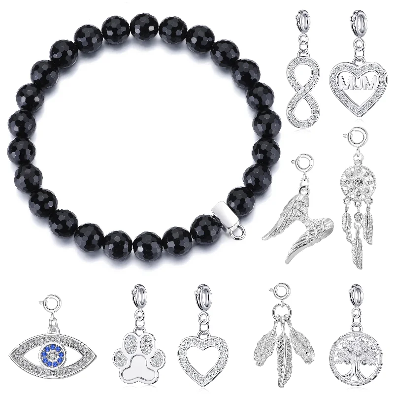 Faceted Black Onyx Gemstone Stretch Bracelet with Charm Created with Zircondia® Crystals