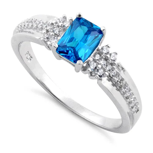 Sterling Silver Blue Topaz Rectangle CZ Ring