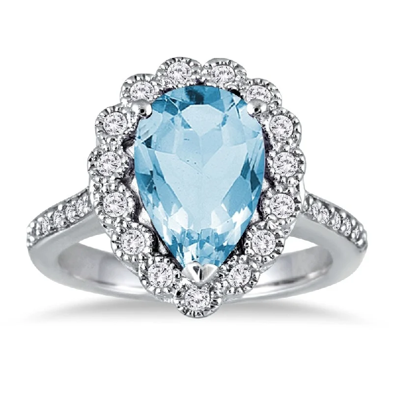 5 Carat Pear Shape Blue Topaz and Diamond Ring in 14K White Gold