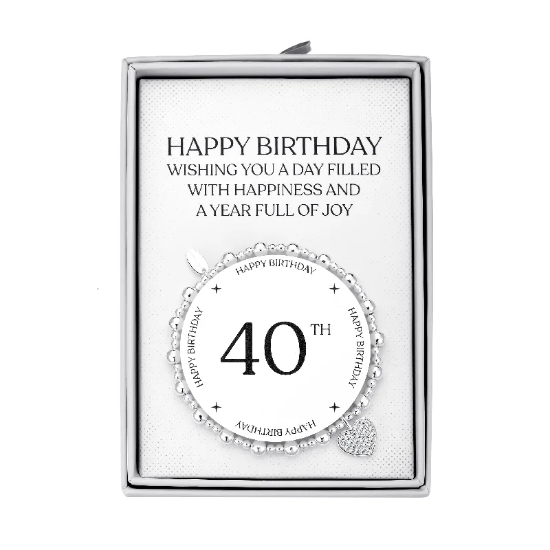 40th Birthday Heart Charm Stretch Bracelet with Quote Gift Box