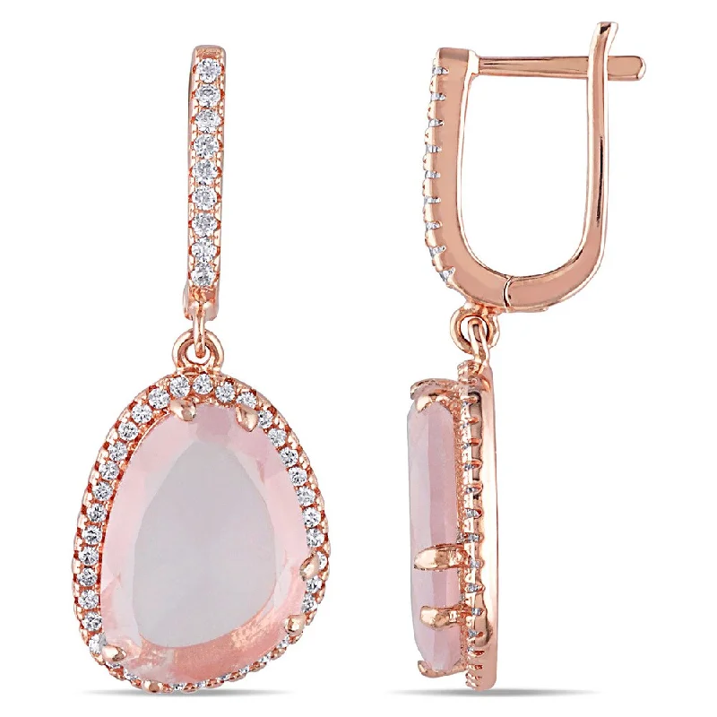 Miadora Rose Plated Silver Rose Quartz and White Topaz Dangle Earrings