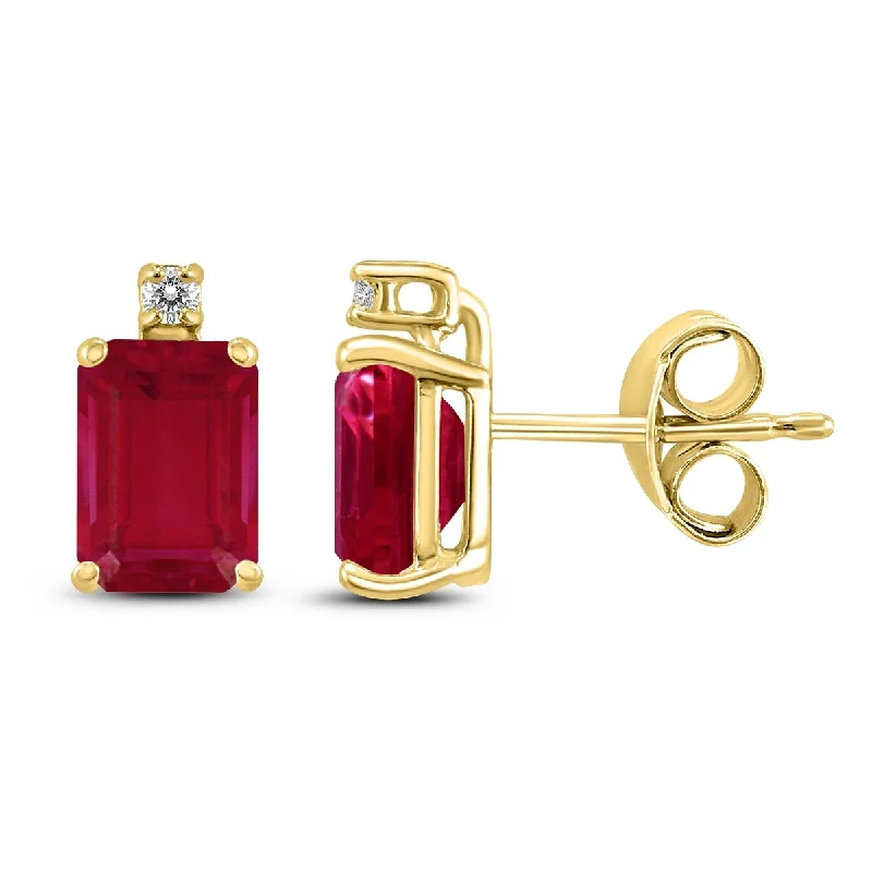 Marquee 14K Yellow Gold 6x4MM Emerald Shaped Ruby and Diamond Earrings