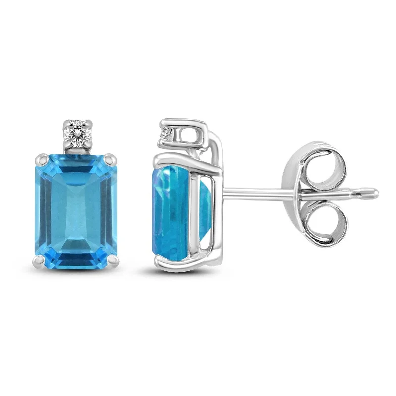 Marquee 14K White Gold 8x6MM Emerald Shaped Blue Topaz and Diamond Earrings