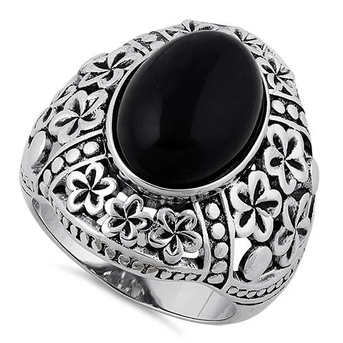 Sterling Silver Bold Plumeria Black Agate Ring