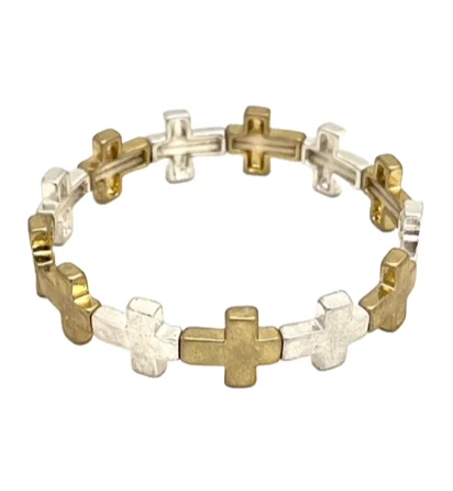 Two Tone Hammered Stretch Bracelet with Small Cross