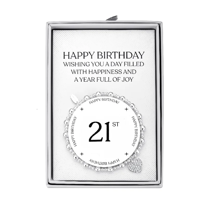 21st Birthday Heart Charm Stretch Bracelet with Quote Gift Box