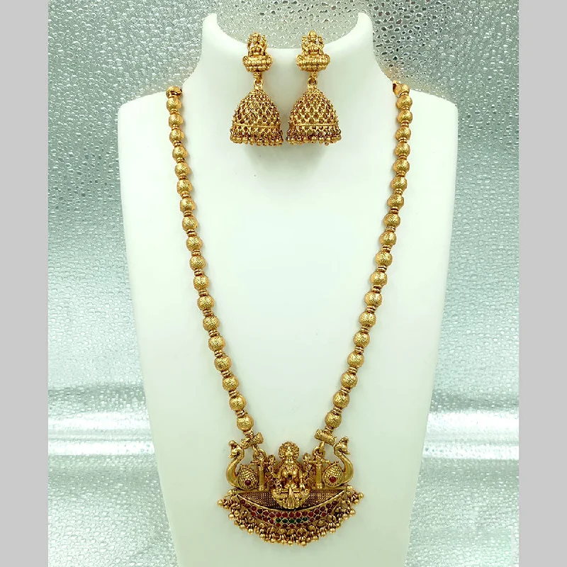 Joyful Jewel Art Matte Gold Plated Pota Stone Temple Long Necklace Set