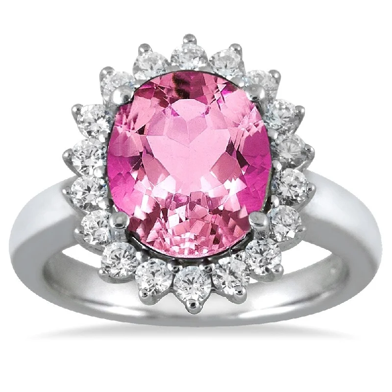 14K White Gold 4 Carat Pink Topaz and Diamond Ring in 14K White Gold