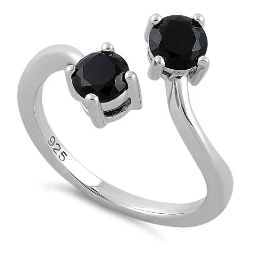 Sterling Silver Dual Round Cut Black CZ Ring