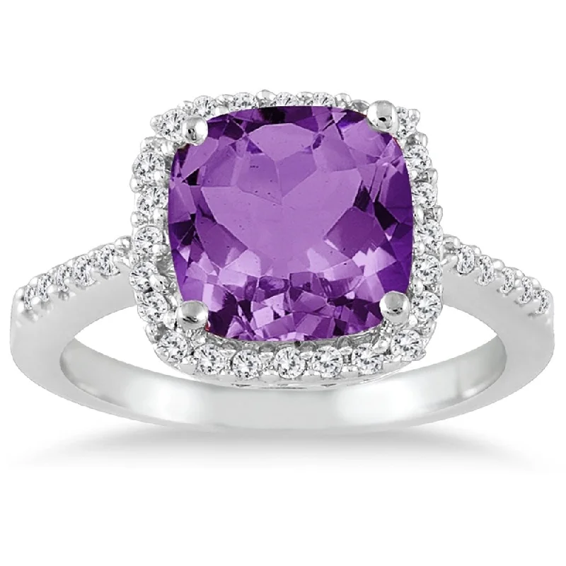 2 1/2 Carat Cushion Cut Amethyst and Diamond Ring 14K White Gold