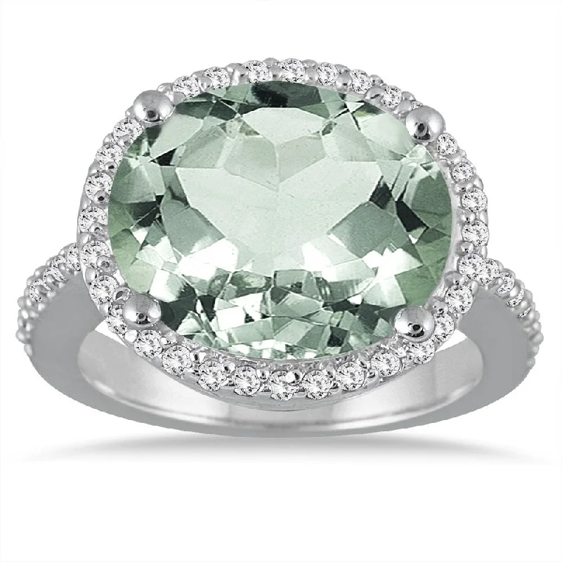 8 Carat Oval Green Amethyst and Diamond Ring in 14K White Gold