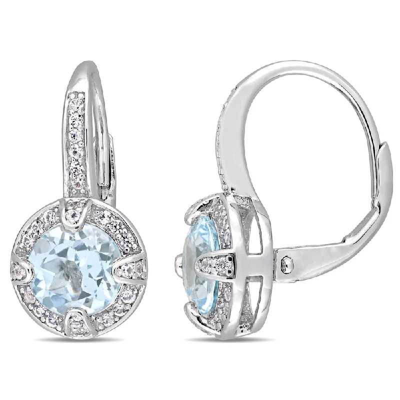 Miadora Sterling Silver Sky-Blue Topaz and White Sapphire Halo Leverback Earrings