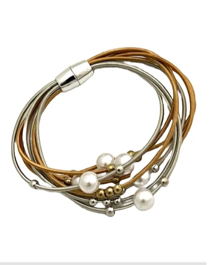 Two Tone Magnetic Bracelet with Multi-strand Piano Wire and Pearls