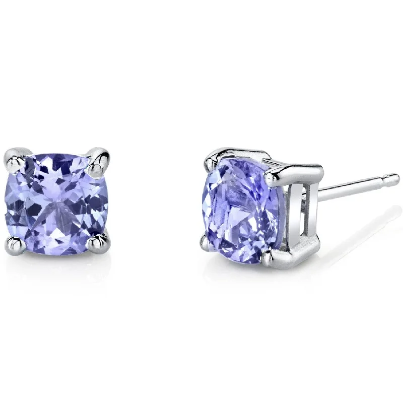 14k White Gold Tanzanite Stud Earrings 2 ct Cushion Shape