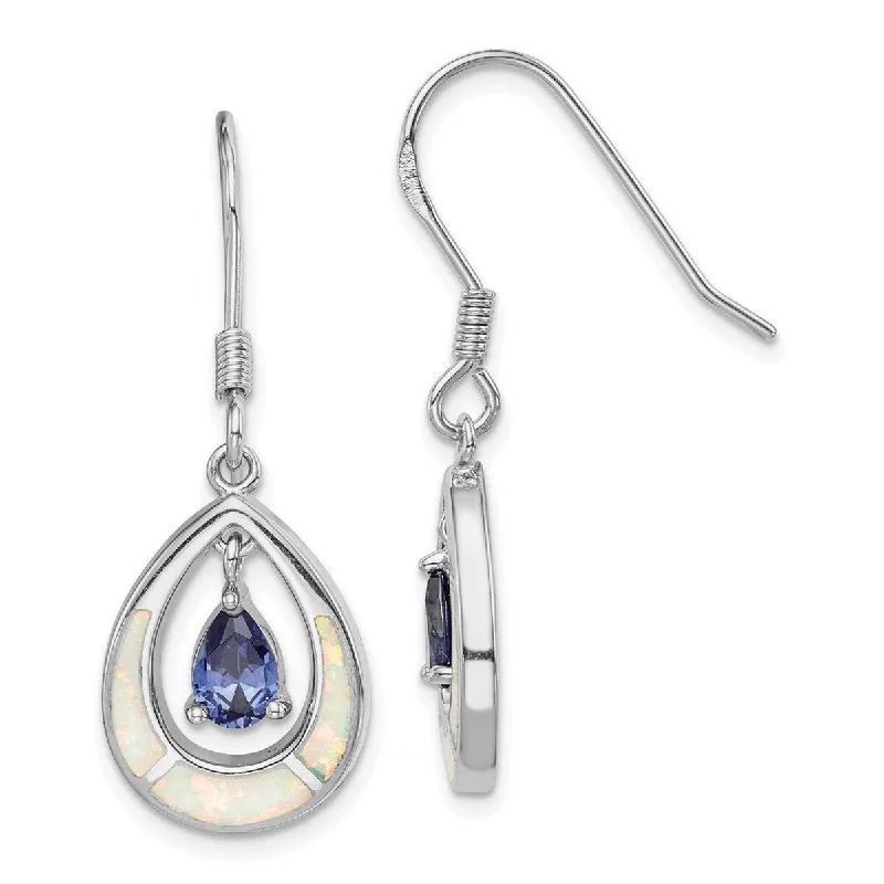 Curata 925 Sterling Silver Rhodium Plated Simulated Opal Inlay and Blue Cubic Zirconia TearLong Drop Dangle Earrings Mea