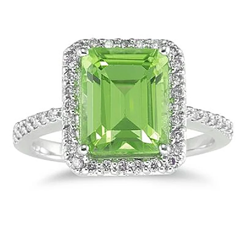 4 1/2 Carat Emerald Cut Peridot and Diamond Ring 14K White Gold