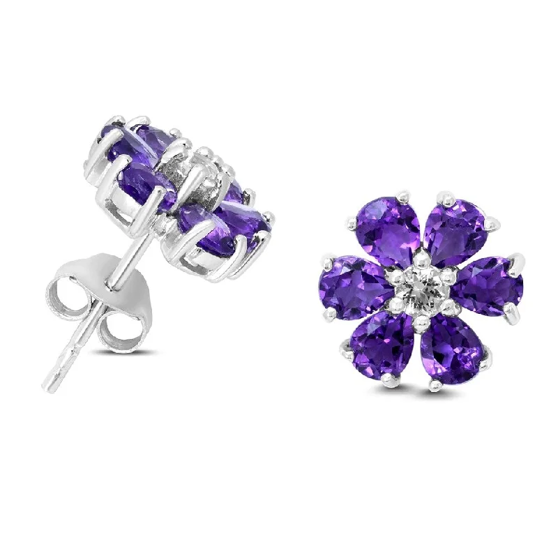 Marquee Amethyst and White Topaz Flower Earrings in .925 Sterling Silver