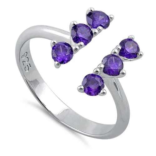 Sterling Silver Amethyst Six Round Stones Adjustable CZ Ring