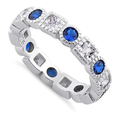 Sterling Silver Round & Princess Cut Eternity Blue Spinel & Clear CZ Ring