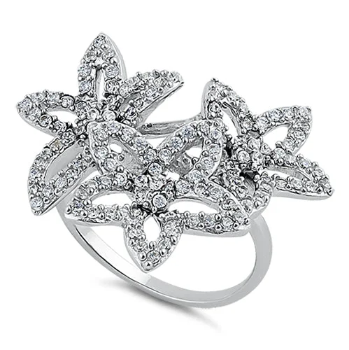 Sterling Silver 3 Flower CZ Ring