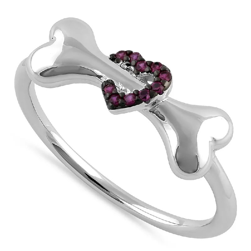 Sterling Silver Dog Bone & Heart Round Cut Ruby CZ Ring