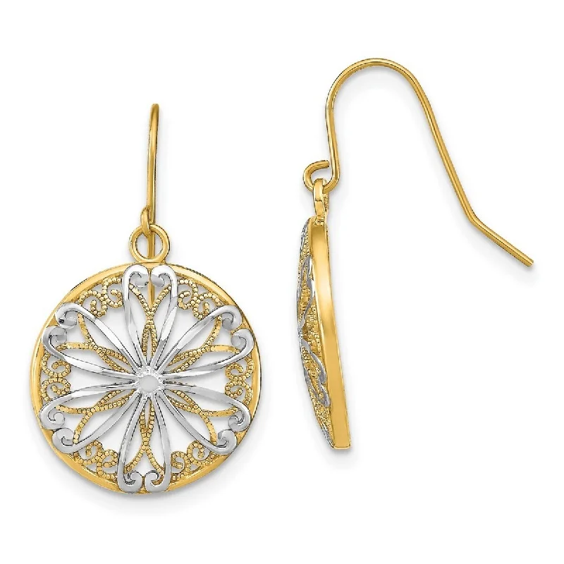 Curata 14k Yellow Gold Round Frame With Flower Inside Wire Earrings