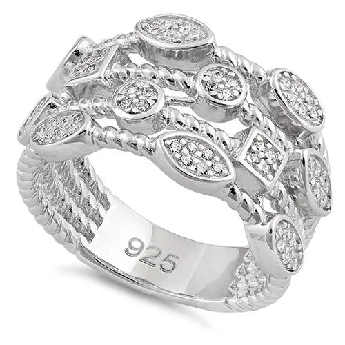 Sterling Silver Multi-Shape Rope Round Clear CZ Ring