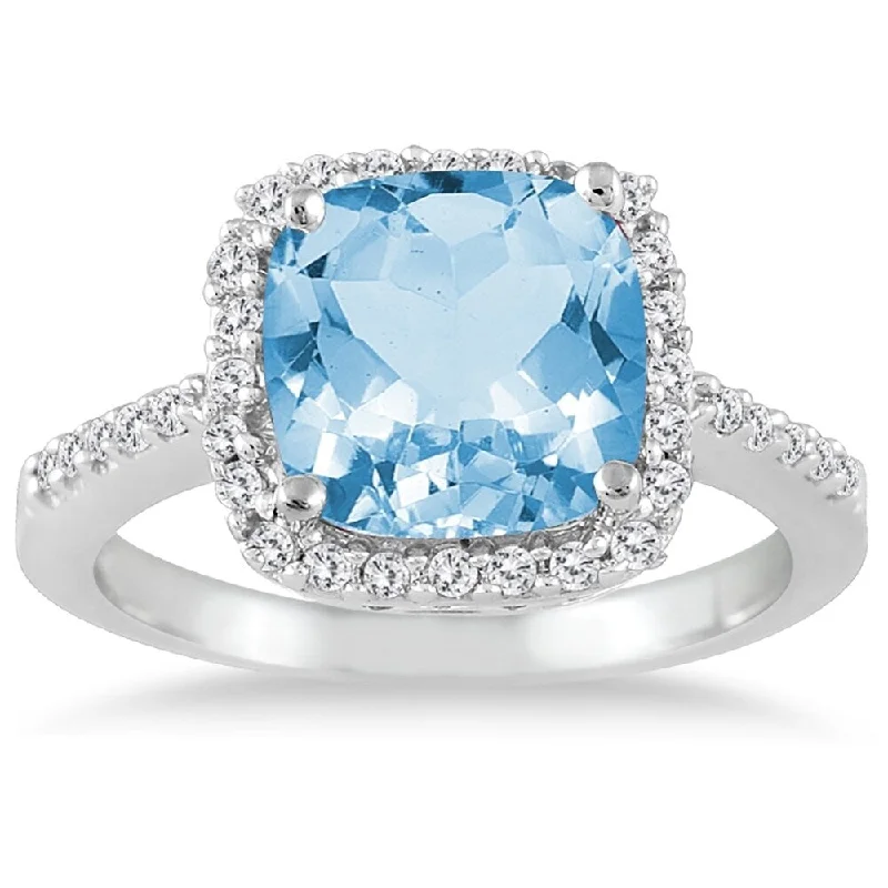 2 1/2 Carat Cushion Cut Blue Topaz and Diamond Ring 14K White Gold