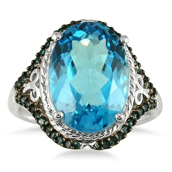 7 1/2 Carat Oval Blue Topaz and Blue Diamond Ring in 10K White Gold