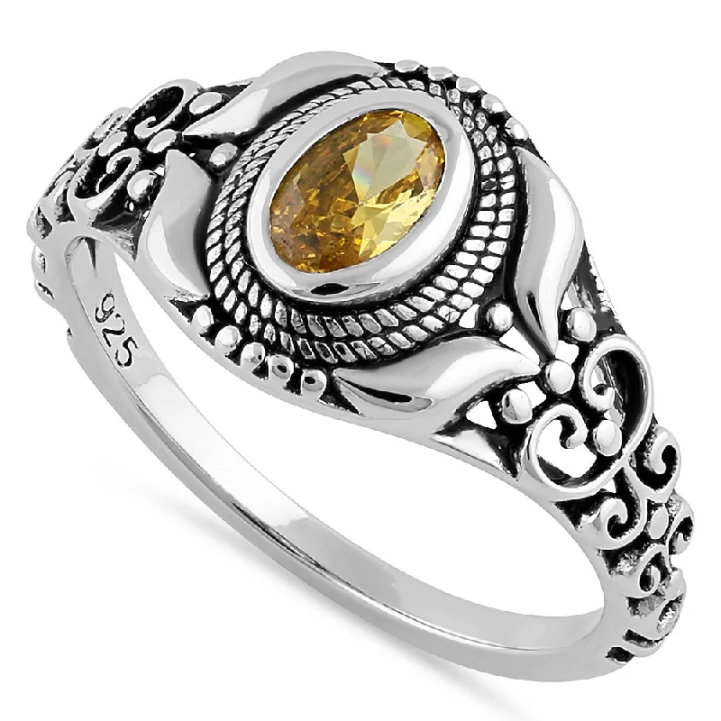 Sterling Silver Austere Oval Cut Yellow CZ Ring