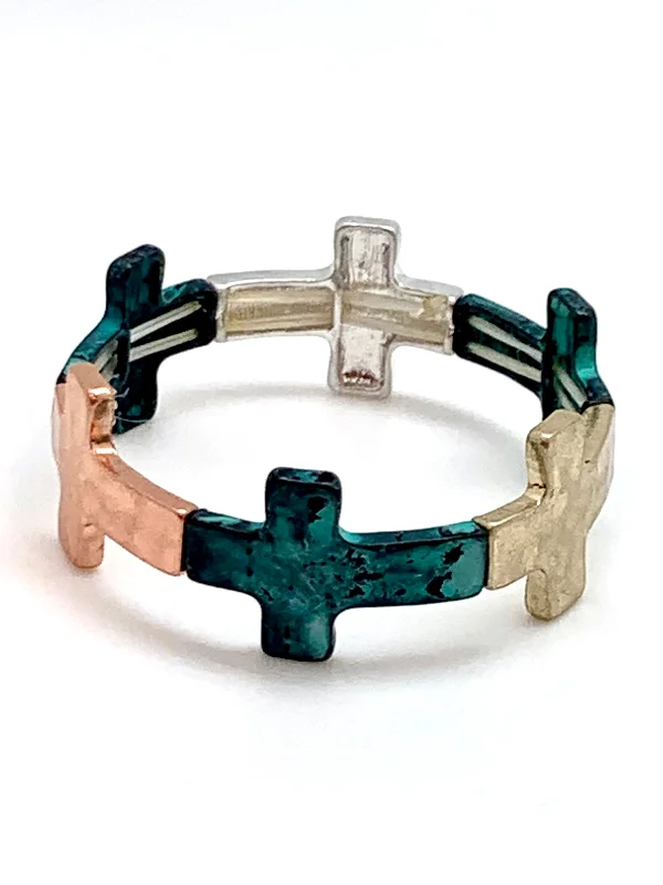 Multi Metal Hammered Stretch Bracelet Cross w/Patina