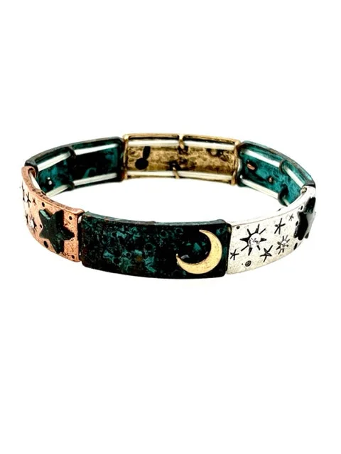 Patina Stretch Bracelet - Moon and Stars