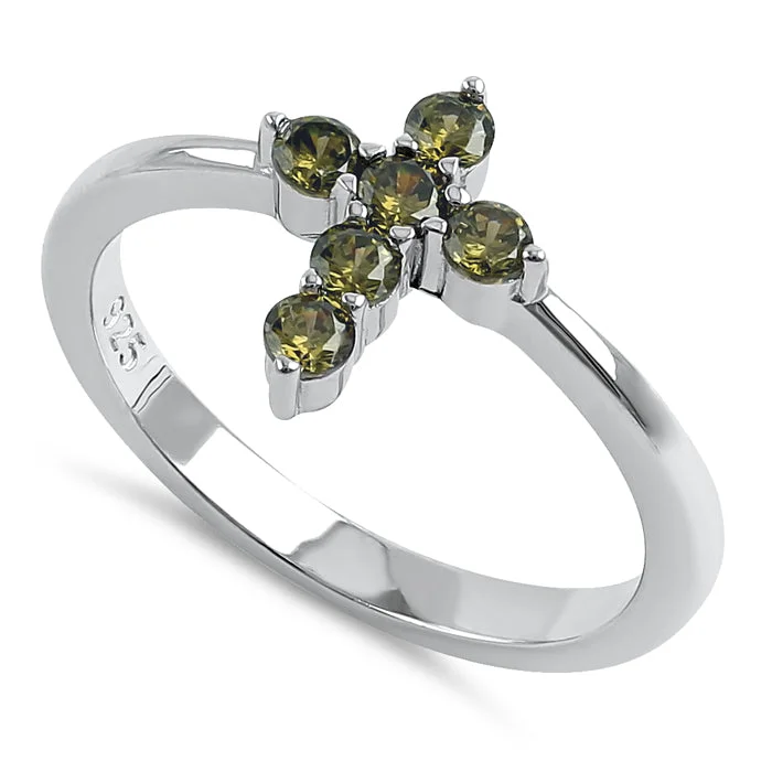 Sterling Silver Cross Peridot CZ Ring