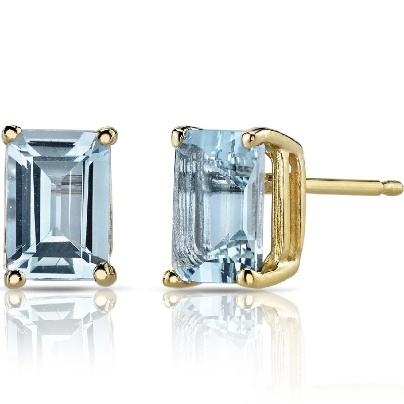 14k Yellow Gold Aquamarine Stud Earrings 1.62 ct Emerald Shape