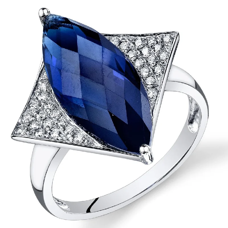 14k White Gold 7ct Created Blue Sapphire and Diamond Ring