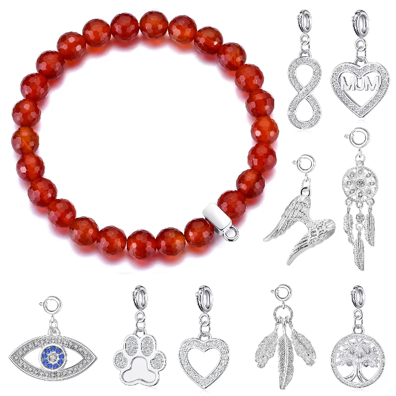 Faceted Carnelian Gemstone Stretch Bracelet with Charm Created with Zircondia® Crystals