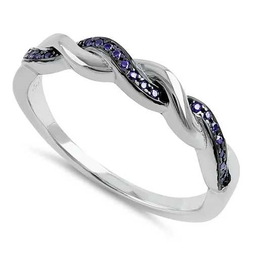 Sterling Silver and Black Rhodium Plated Braided with Amethyst CZ Ring